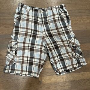 Billabong Men's Cargo Shorts - Brown and Light Blue Plaid